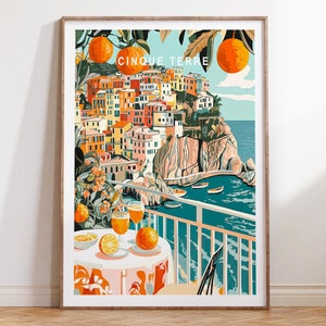 Póster de viaje de Cinque Terre, Impresión de viaje a Italia, Arte mural de viaje de Cinque Terre, Arte mural de frutas, Regalos personalizados, Regalos de viaje