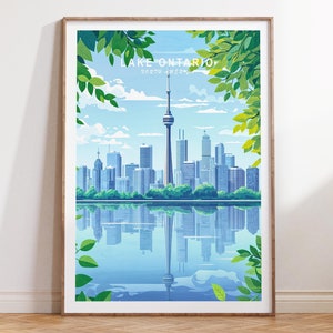 May include: A colorful illustration of the Toronto skyline with the CN Tower in the center. The city is reflected in the water below. The text "LAKE ONTARIO" is at the top of the image.