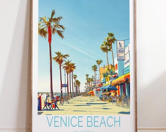 May include: A colorful illustration of Venice Beach, California, with palm trees lining the boardwalk and shops and restaurants along the street. The text "Venice Beach" and "California" are printed at the bottom of the image.