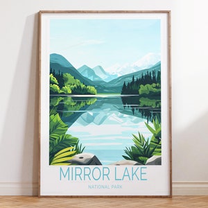 Spiegelsee Reiseplakat, Spiegelsee Nationalpark Reise-Druck, Nationalpark Wandkunst, Wohnkultur Geschenke, Reisegeschenke