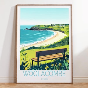 Woolacombe Devon Travel Poster, Woolacombe Beach Wall Art, England Devon Travel Print, Coastal Travel Wall Decor, Birthday Gifts