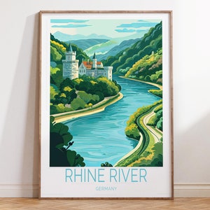 Impressão de arte de parede do Rio Reno, Alemanha, pôster de viagem da Alemanha, impressão de viagem do Rio Reno, pôster de viagem personalizado, presentes personalizados