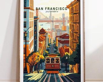 May include: A colorful illustration of a San Francisco cityscape with a red cable car traveling up a steep hill. The Golden Gate Bridge is visible in the background. The text "SAN FRANCISCO CALIFORNIA" is at the top of the image.