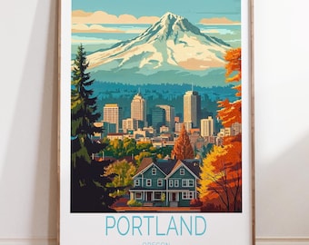 May include: A vintage-style illustration of the Portland, Oregon skyline with Mount Hood in the background. The city is depicted in a colorful, stylized manner, with a green tree in the foreground and a house with a blue roof. The text "PORTLAND OREGON" is at the bottom of the image.