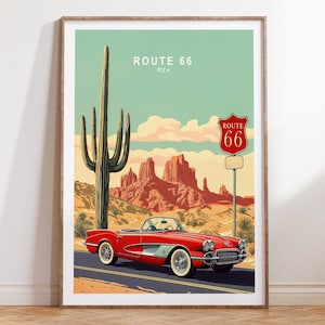Póster de viaje personalizado de la Ruta 66, arte mural de viaje de EE. UU., impresión de viaje de la calle principal de Estados Unidos, regalo de cumpleaños, regalo de boda