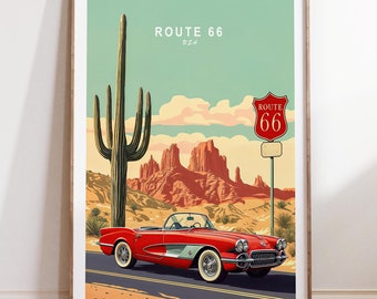 May include: A vintage red convertible car drives down Route 66 in the desert. A large saguaro cactus stands tall in the background. The sign reads "Route 66".