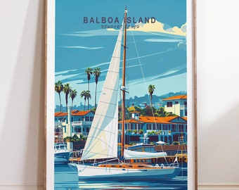 May include: A vintage travel poster illustration of a sailboat in a harbor with the text "BALBOA ISLAND, NEWPORT BEACH" at the top.