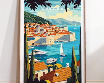 May include: A colorful illustration of the city of Dubrovnik, Croatia, with a view of the city walls and the Adriatic Sea. The illustration is in a vintage travel poster style.