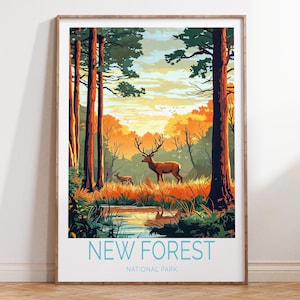 Póster de viaje al Parque Nacional New Forest, arte mural de viaje a Inglaterra, impresión de viaje a New Forest, regalos de cumpleaños, regalos de viaje