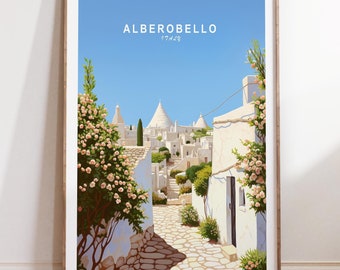 Pode incluir: Uma impressão artística emoldurada com uma cena de rua pitoresca em Alberobello, Itália. A obra de arte retrata edifícios brancos com telhados cônicos sob um céu azul claro, com o texto "ALBEROBELLO". Flores cor-de-rosa e vegetação emolduram a rua de paralelepípedos.