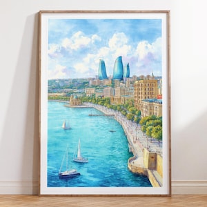 May include: Watercolor painting of a cityscape with modern skyscrapers and traditional buildings along a waterfront. The artwork features a bright blue sky with fluffy clouds, sailboats on the water, and a wooden frame.