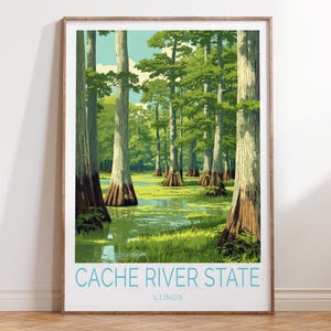 May include: A framed art print featuring a vibrant illustration of the Cache River State in Illinois. The artwork depicts tall trees in a swampy area with green foliage, blue sky, and the text "CACHE RIVER STATE ILLINOIS".