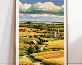 Lámina de acuarela de Iowa, paisaje agrícola del Medio Oeste, póster de la América rural