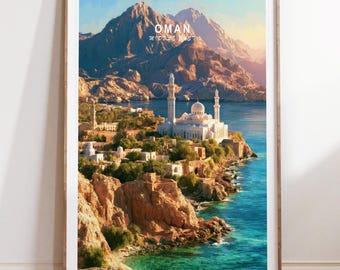 Oman Poster, Oil Painting Print, Middle East Coastal Travel