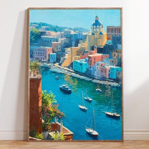 Procida Italy Oil Painting Poster, Italian Coastal Village Travel Print