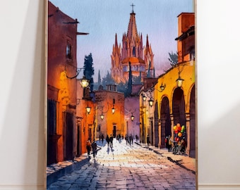 Poster di viaggio ad acquerello, San Miguel de Allende, Messico, architettura coloniale