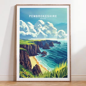 Pôster de viagem de Pembrokeshire, País de Gales, Arte de parede de viagem de Gales, Impressão de viagem de Pembrokeshire, Paisagem urbana minimalista, Presentes de casamento