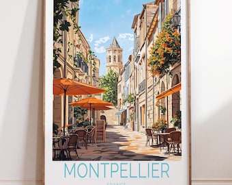 May include: A colourful illustration of a street scene in Montpellier, France. The image features a narrow street lined with buildings, with a tall tower in the distance. There are orange umbrellas and tables set up outside a cafe, creating a charming and inviting atmosphere. The text "MONTPELLIER" and "FRANCE" is displayed at the bottom of the image.
