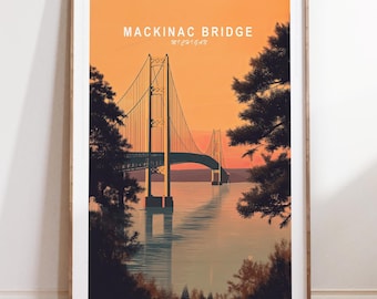 Mackinac Bridge Travel Print, Michigan Travel Wall Art, Mackinac Bridge Michigan Travel Poster, Minimalist Cityscape