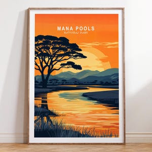 Impression d'art mural parc national de Mana Pools, impression de voyage au Zimbabwe, impression de voyage de Mana Pools, paysage urbain minimaliste, décoration d'intérieur