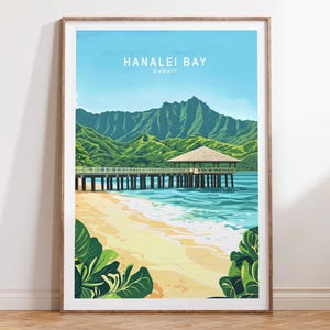 Impression de voyage dans la baie d'Hanalei à Hawaï, impression d'art mural Hawaï, affiche de voyage dans la baie d'Hanalei, affiche de voyage minimaliste, cadeaux d'anniversaire