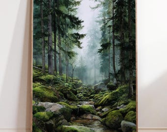 Black Forest Germany Watercolor Painting – Misty Woodland Landscape Wall Art, Nature Home Decor