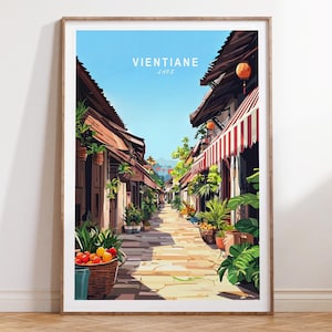 Póster de viaje a Vientián, Impresión de viaje a Laos, Arte mural de viaje a Vientián, Laos, Póster de viaje minimalista, Regalos de boda