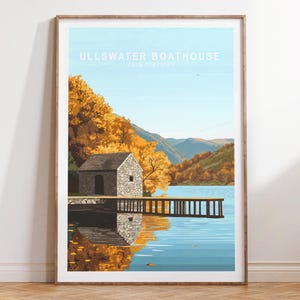 Ullswater Boathouse Reiseplakat, Ullswater Boathouse Lake Distrikt Reiseplakat, Wandkunst Seenplatte, Minimalistisches Reiseplakat