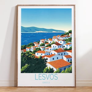 Poster di viaggio di Lesbo, Grecia, stampa di viaggio di Lesbo, stampa artistica da parete della Grecia, regali per inaugurazione della casa, poster di viaggio personalizzato
