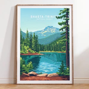 Póster de viaje de Shasta Trinity, impresión de viaje al Bosque Nacional, arte mural de viaje al Bosque Nacional de Shasta Trinity, póster de viaje minimalista