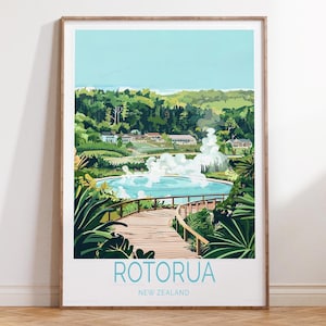 Rotorua New Zealand Travel Poster, New Zealand Travel Print, Rotorua Travel Wall Art, Wedding Gifts, Home Decor Gifts