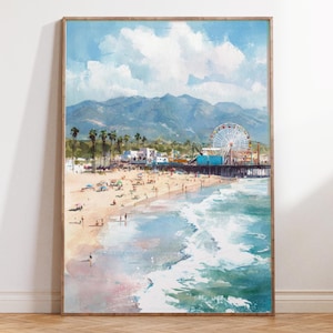 Santa Monica Kalifornien Kunst, Strand Pier Aquarell Druck, Pazifikküste Meer Wand-Dekor