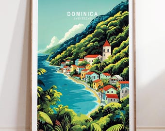 Plakat z podróży na Karaiby Dominika, sztuka ścienna z podróży na Karaiby, wydruk z podróży na Dominika, minimalistyczny krajobraz miejski, wystrój domu