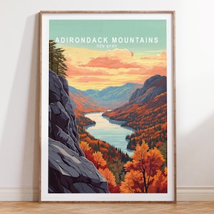 Adirondack Mountains New York Travel Print, New York Travel Poster, Adirondack Mountains Travel Wall Art, Minimalistyczny pejzaż miejski, wystrój domu