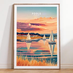Wydruk podróży Poole, plakat podróży Dorset, sztuka ścienna podróży Poole Dorset, minimalistyczny krajobraz miejski, prezenty na parapetówkę