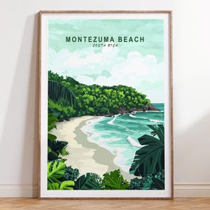 Impresión de viaje de la playa de Montezuma, impresión de arte mural de la playa de Montezuma, Costa Rica, póster de viaje de Costa Rica, paisaje urbano minimalista