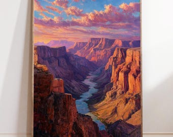 Grand Canyon-olieverfschilderij – Arizona zonsondergang landschap muurkunst, reisposter zuidwestelijke woestijn, canyon natuurprint