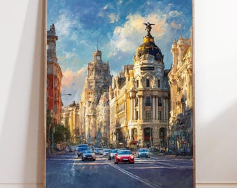 Madrid Oil Painting Wall Art, Gran Via Spain Print, Cityscape Decor, Travel Poster