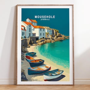 Mousehole Travel Wall Art, Mousehole Cornwall Travel Poster, Cornwall Travel Print, Minimalist Travel Poster, Home Decor