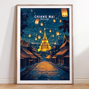 Affiche de voyage Chiang Mai Thaïlande, impression voyage Chiang Mai Thaïlande impression d'art mural, paysage urbain minimaliste, cadeaux d'anniversaire