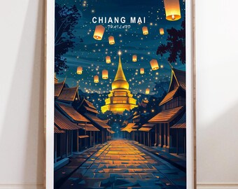 Chiang Mai Thailand Travel Poster, Chiang Mai Travel Print Thailand Wall Art Print, Minimalist Cityscape, Birthday Gifts