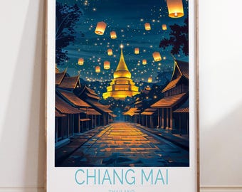 Thailand Travel Poster, Temple Print, Travel Wall Art