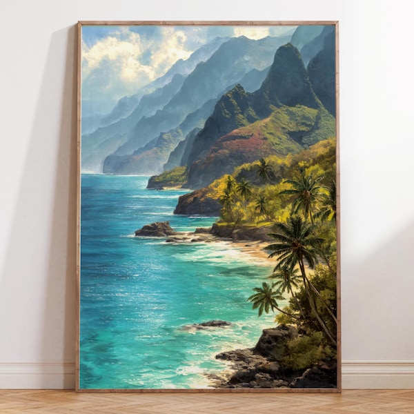Kauai Coast Hawaii Watercolor Print – Tropical Ocean Cliff Wall Art, Na Pali Coast Painting, Pacific Island Travel Poster