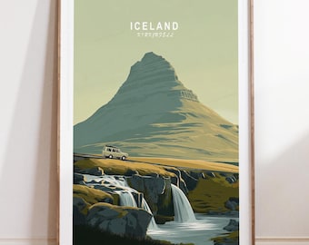 May include: A framed travel poster featuring a scenic view of Iceland's Kirkjufell mountain and waterfalls. A white vehicle drives along a road. The poster has the word "Iceland" and "Kirkjufell" printed at the top.