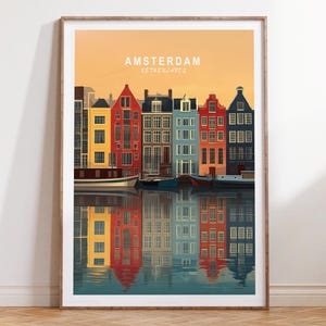 Poster de voyage Amsterdam, impression voyage Pays-Bas, art mural voyage Amsterdam Pays-Bas, paysage urbain minimaliste, décoration d'intérieur