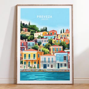 Póster de viaje de Preveza, impresión de viaje a Grecia, arte mural de viaje de Preveza, Grecia, paisaje urbano minimalista, regalo de cumpleaños
