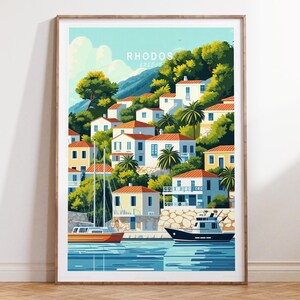 Impression de voyage à Rhodes, affiche de voyage à Rhodes en Grèce, art mural voyage à Rhodes, paysage urbain minimaliste, cadeaux personnalisés