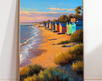 Brighton Beach, Melbourne Coast, Colorful Bathing Boxes Oil Painting Poster