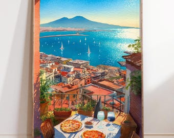 ナポリ絵画イタリアアートプリント、地中海ジクレー水彩都市ポスター