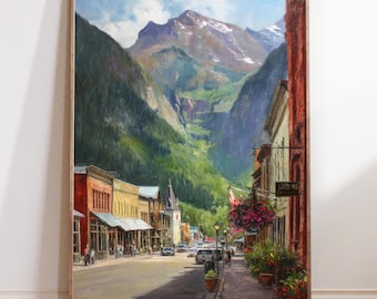 Telluride Colorado Oil Painting Print, Mountain Town Poster, Street Scenic Landscape Art